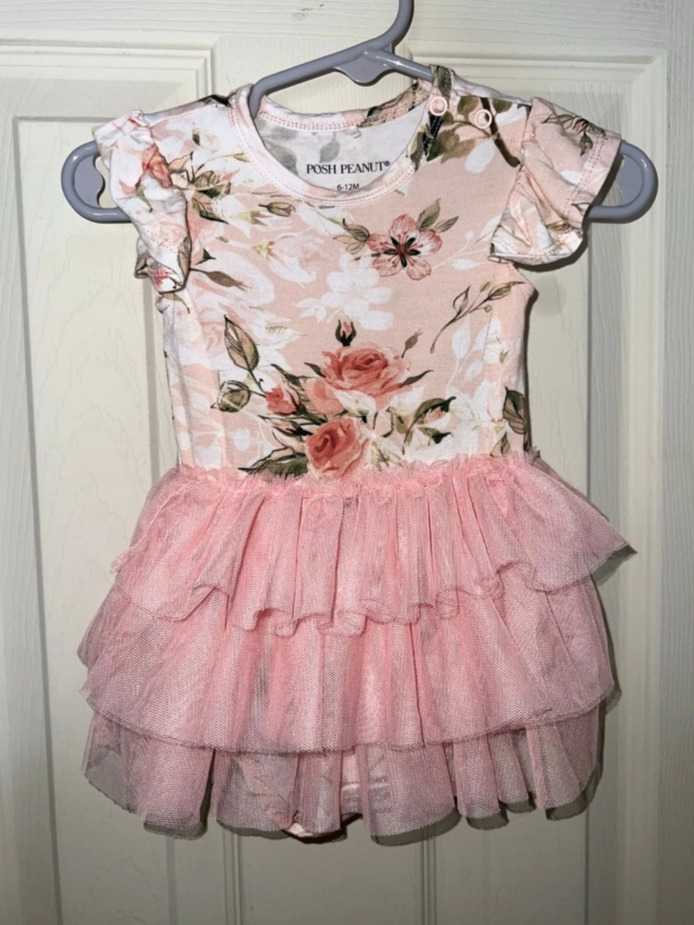 Posh Peanut Ruffle Bodysuit Vintage Rose Pattern 6M - 12M